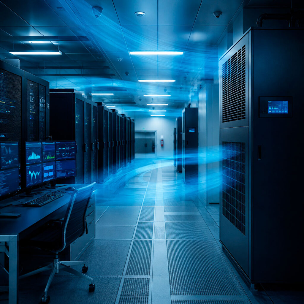 Sistema de aire acondicionado de precisión en un centro de datos con servidores, monitoreo y control continuo de temperatura.