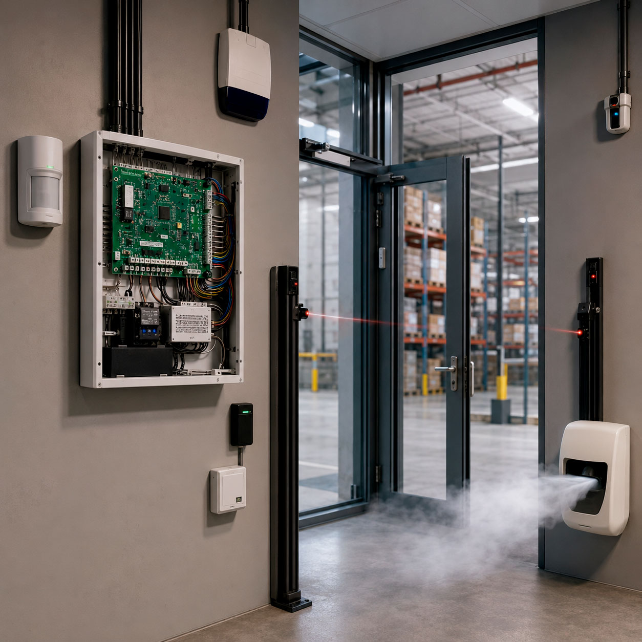 Sistema de alarma contra intrusión con panel de control, sensores de movimiento, barrera infrarroja, lector de acceso y generador de niebla de seguridad en una instalación industrial.