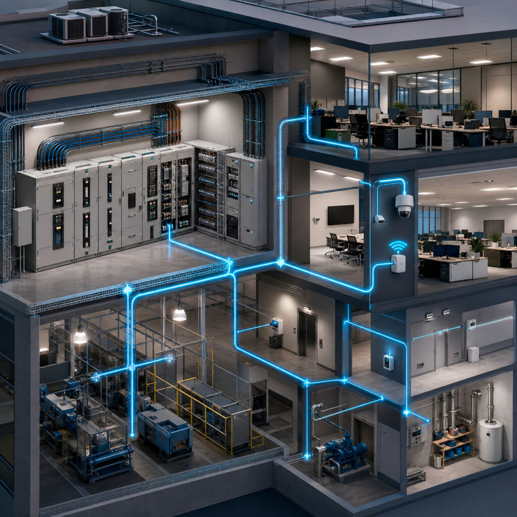 Sistema de distribución eléctrica de baja tensión con tableros, canalizaciones y circuitos que alimentan oficinas, maquinaria, iluminación y equipos de seguridad.