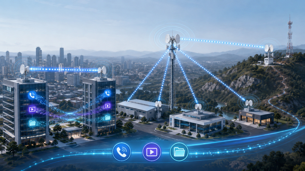 Enlace inalámbrico entre edificios para transmitir voz, video y datos sin cableado físico.