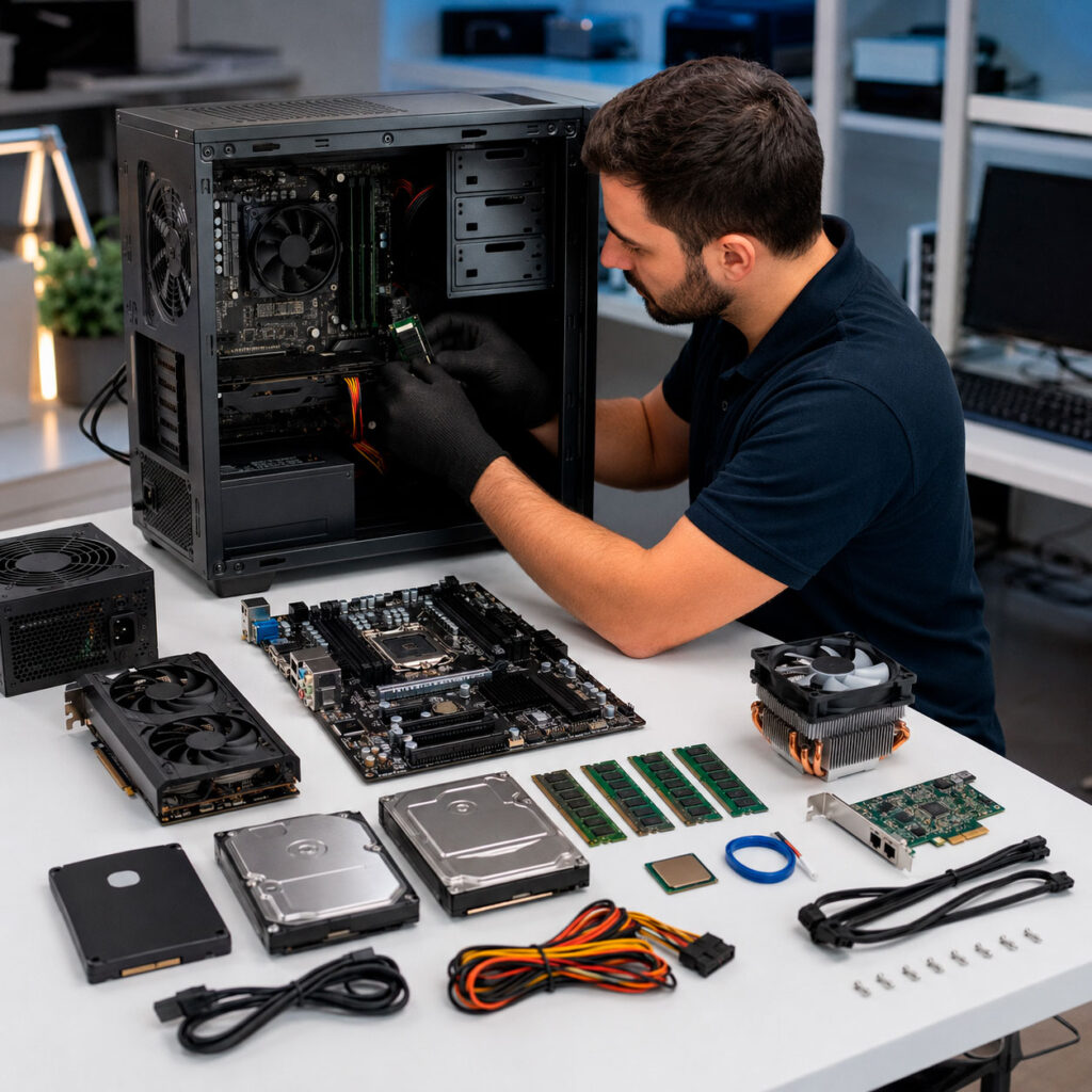 Técnico actualizando una computadora de escritorio con memoria RAM, discos duros, tarjeta gráfica, procesador, tarjeta madre, fuente de poder y sistema de enfriamiento.