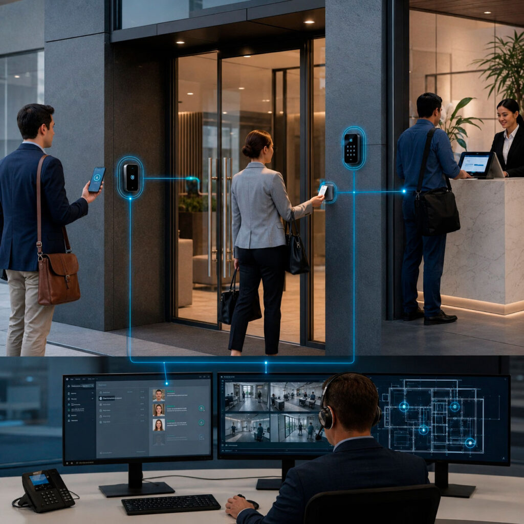 Sistema de control de acceso con cerraduras inteligentes, lectores, credenciales móviles y monitoreo centralizado en un edificio corporativo.