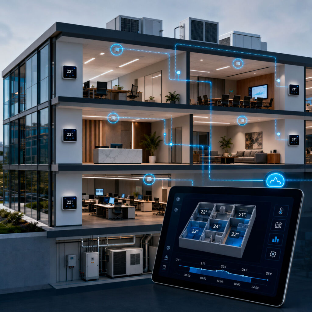 Sistema inteligente de control de temperatura por zonas con termostatos, sensores y monitoreo centralizado en un edificio corporativo.