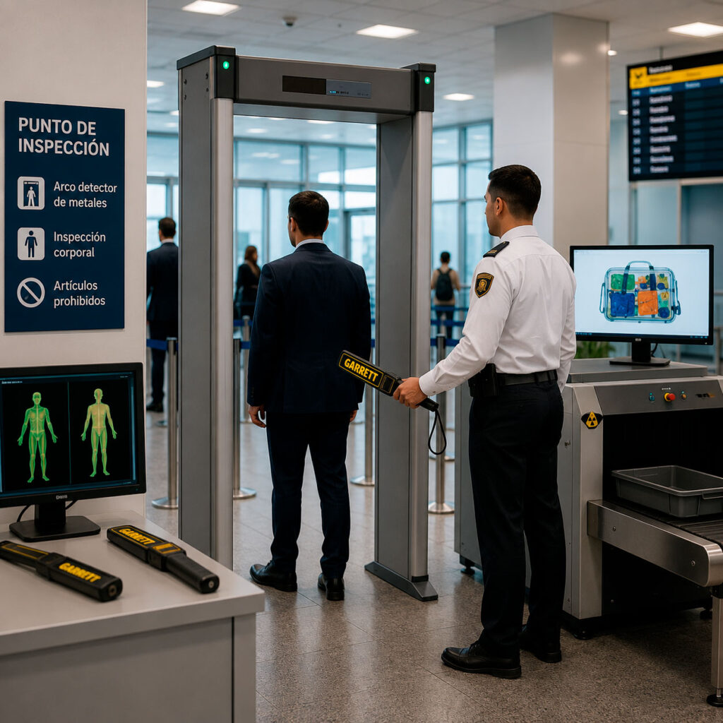 Punto de inspección con arco detector de metales, detector manual, sistema de inspección corporal y equipo de rayos X para revisar personas y equipaje.