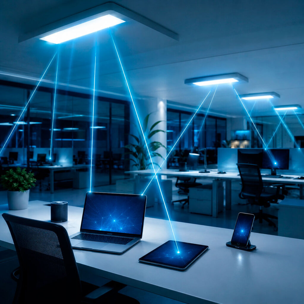Comunicación inalámbrica mediante luz visible con luminarias LiFi conectando laptops, tabletas y teléfonos inteligentes en una oficina.