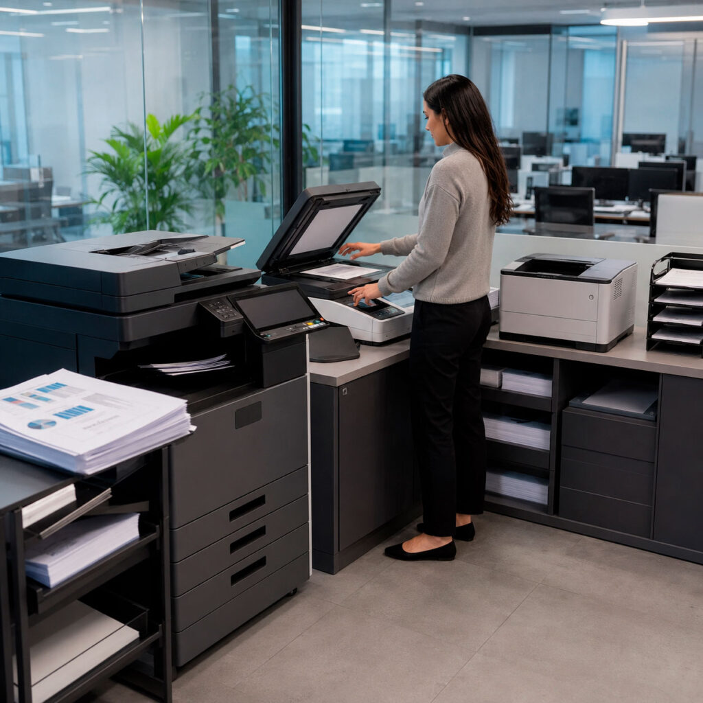 Impresoras, escáneres y equipos multifuncionales utilizados para impresión, copiado y digitalización de documentos en una oficina.