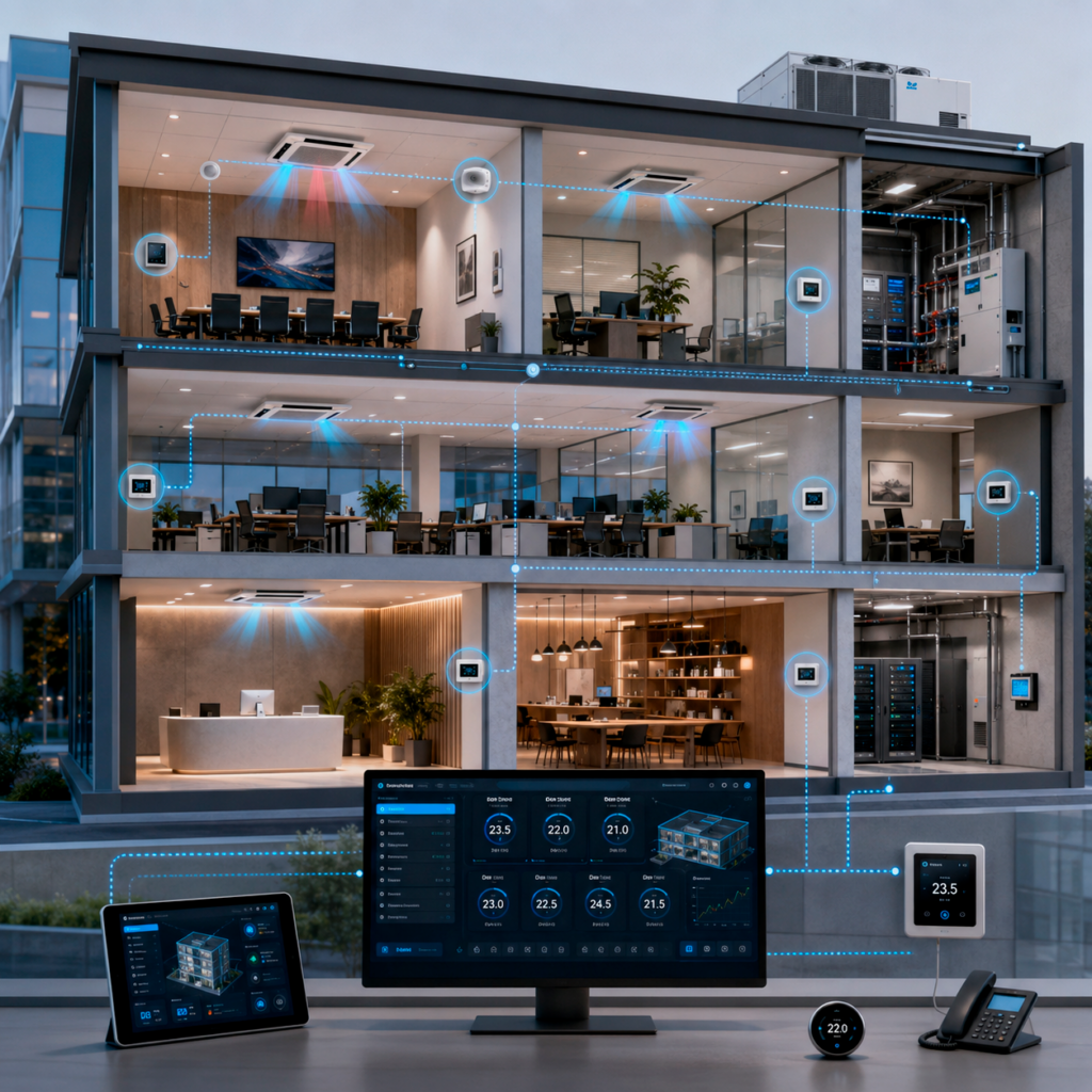Sistema automatizado de control de temperatura con sensores, termostatos y monitoreo centralizado de aire acondicionado en un edificio corporativo.