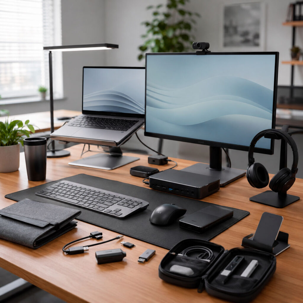 Periféricos y accesorios para equipos de cómputo, incluyendo monitor, teclado, mouse, cámara web, auriculares, estación de conexión, almacenamiento externo, adaptadores y cables.