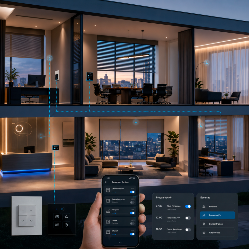 Sistema de persianas y cortinas automatizadas en oficinas, salas de juntas y áreas comunes, controlado mediante aplicación móvil, interruptores y horarios programados.