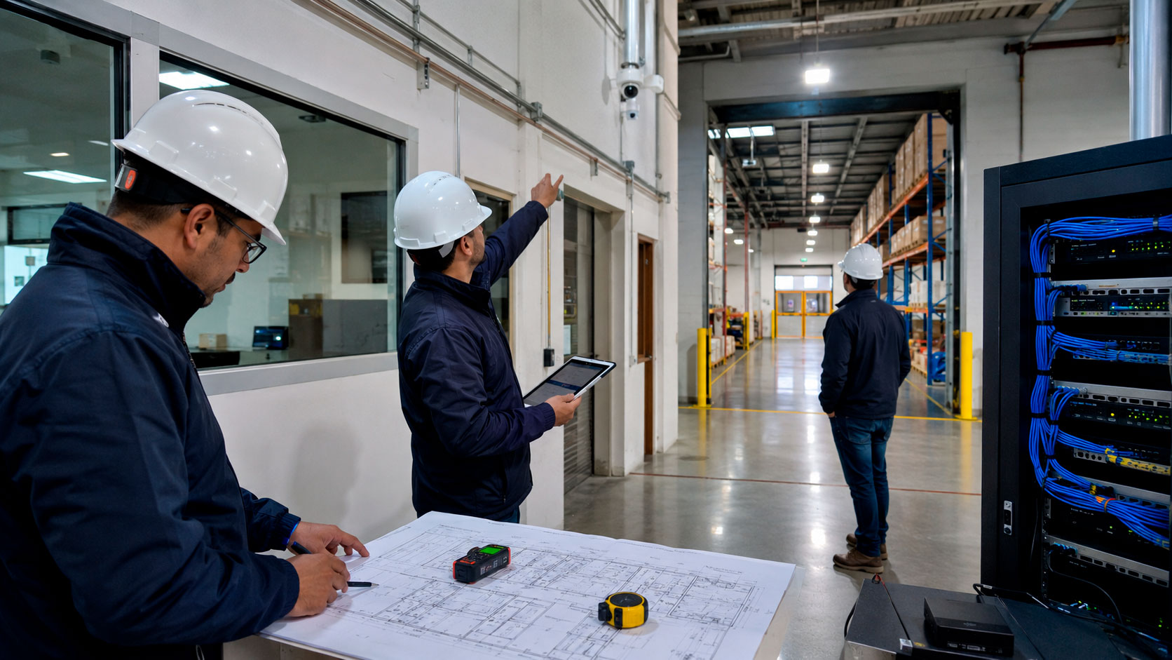 Técnicos de Back Up Systems realizando un levantamiento en una instalación industrial para definir ubicaciones de cámaras, canalizaciones, cableado y equipos de red.