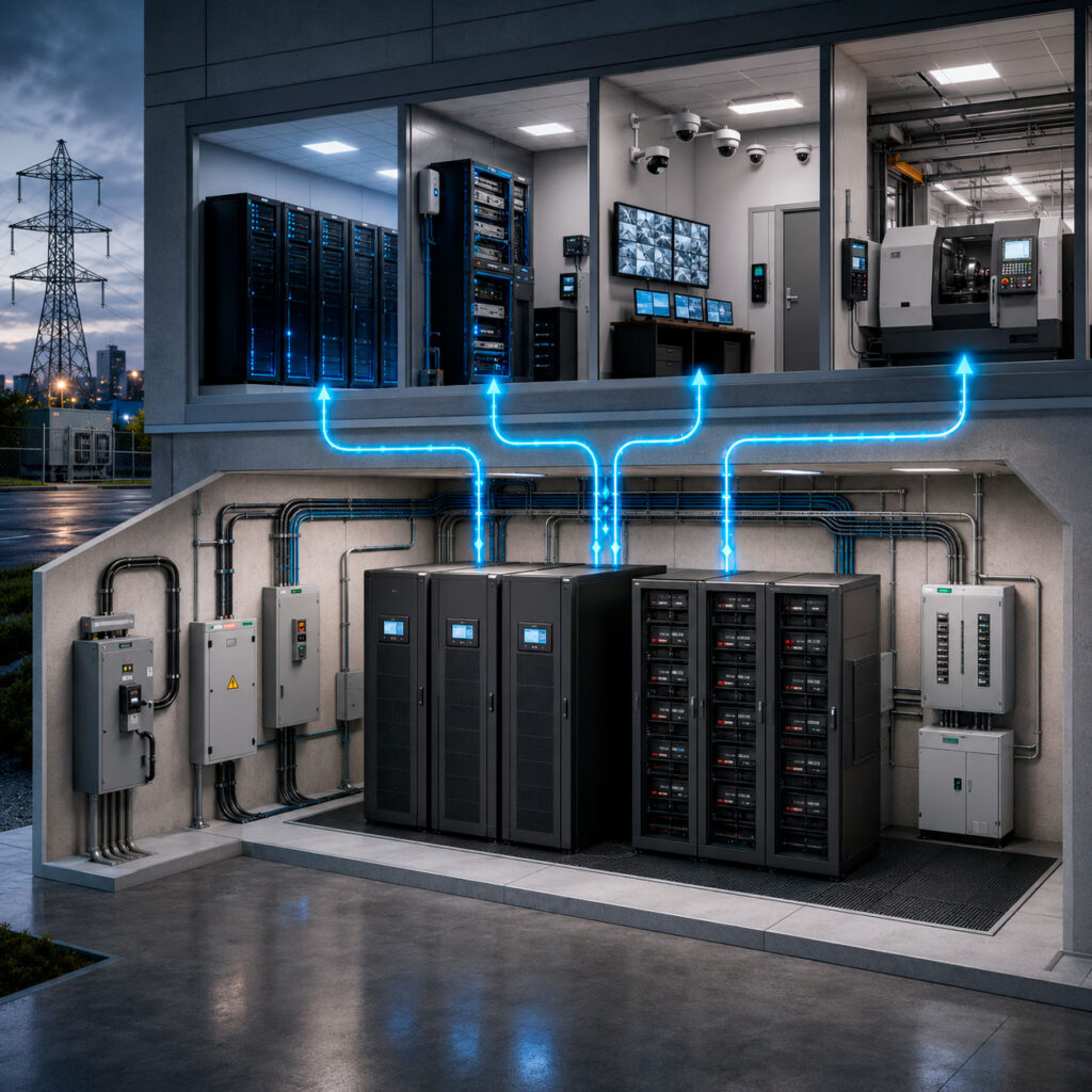 Sistema UPS con bancos de baterías y tableros eléctricos que suministra energía de respaldo a servidores, videovigilancia y maquinaria industrial.