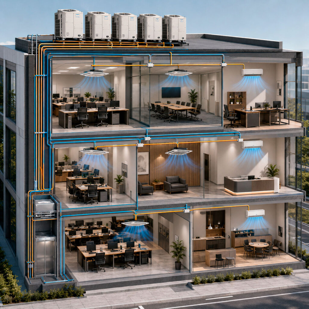 Sistema de aire acondicionado VRF y VRV con unidades exteriores y múltiples equipos interiores para climatizar oficinas, salas de juntas y áreas comunes.