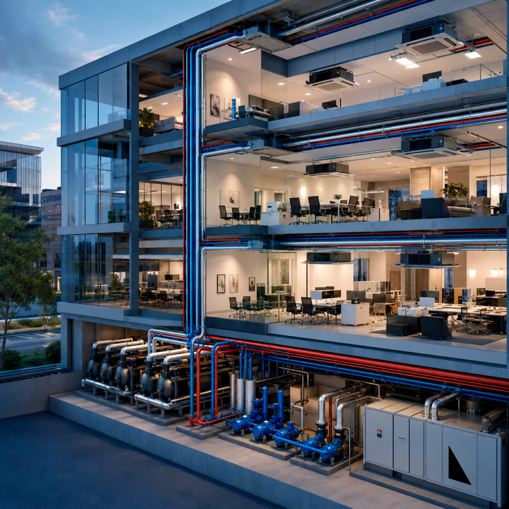 Sistema de climatización con chillers, unidades fan coil, bombas y tuberías de agua helada instalado en un edificio corporativo.