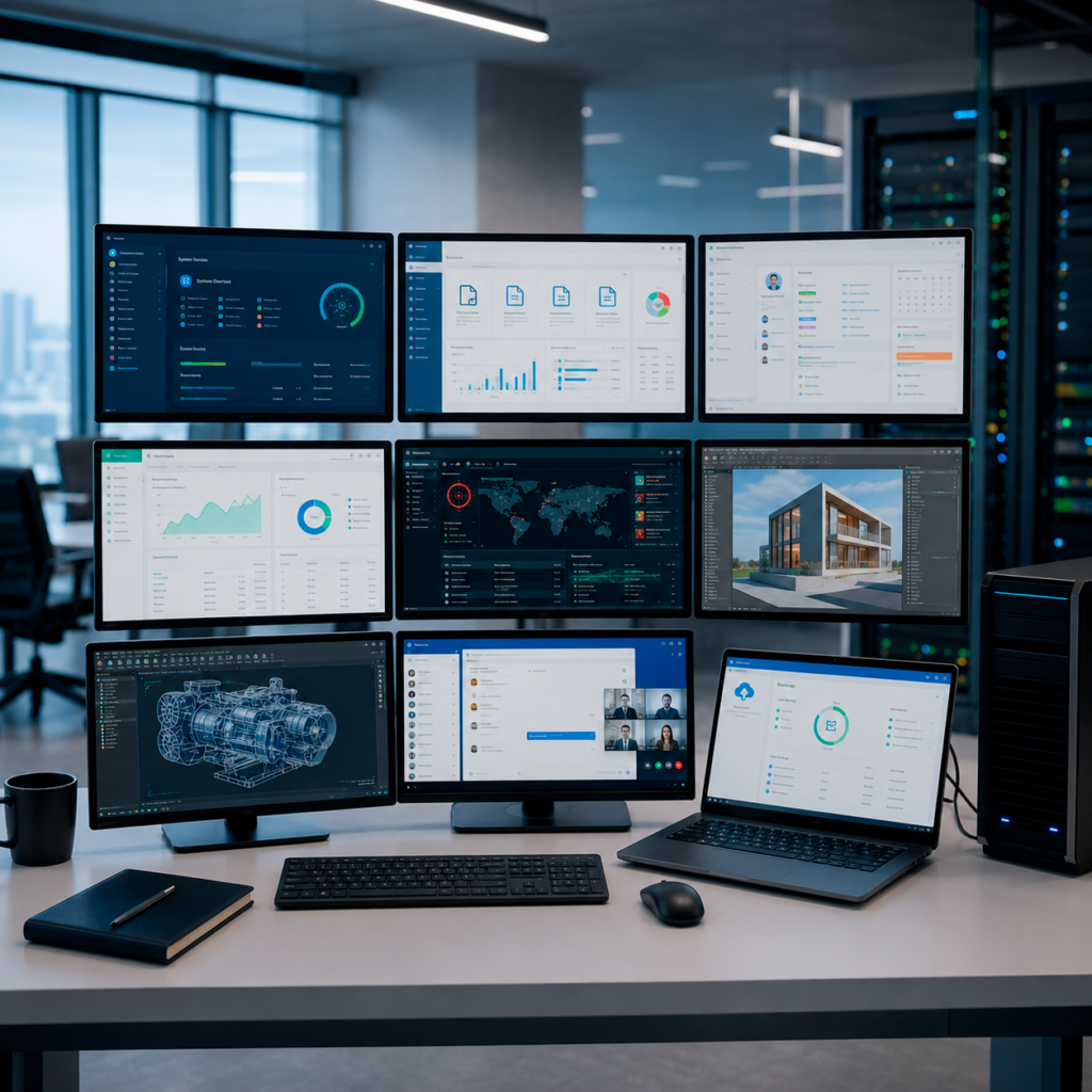 stación de trabajo con software empresarial para productividad, administración, seguridad, diseño, colaboración y respaldo de información.