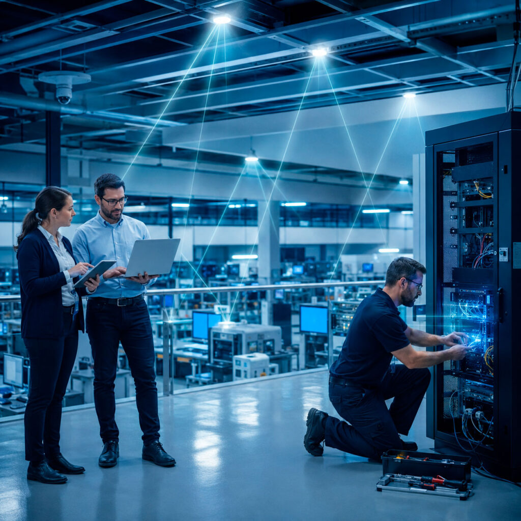 Especialistas implementando una solución LiFi con luminarias, red de datos y equipos de comunicación en una instalación industrial.