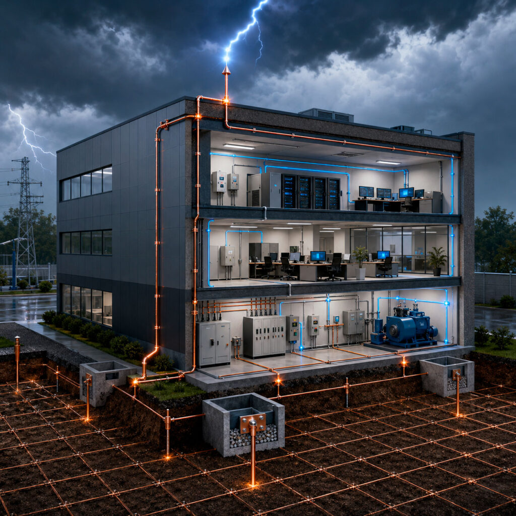 Sistema de tierra física y protección contra descargas atmosféricas con pararrayos, conductores, electrodos y red de puesta a tierra en un edificio empresarial.
