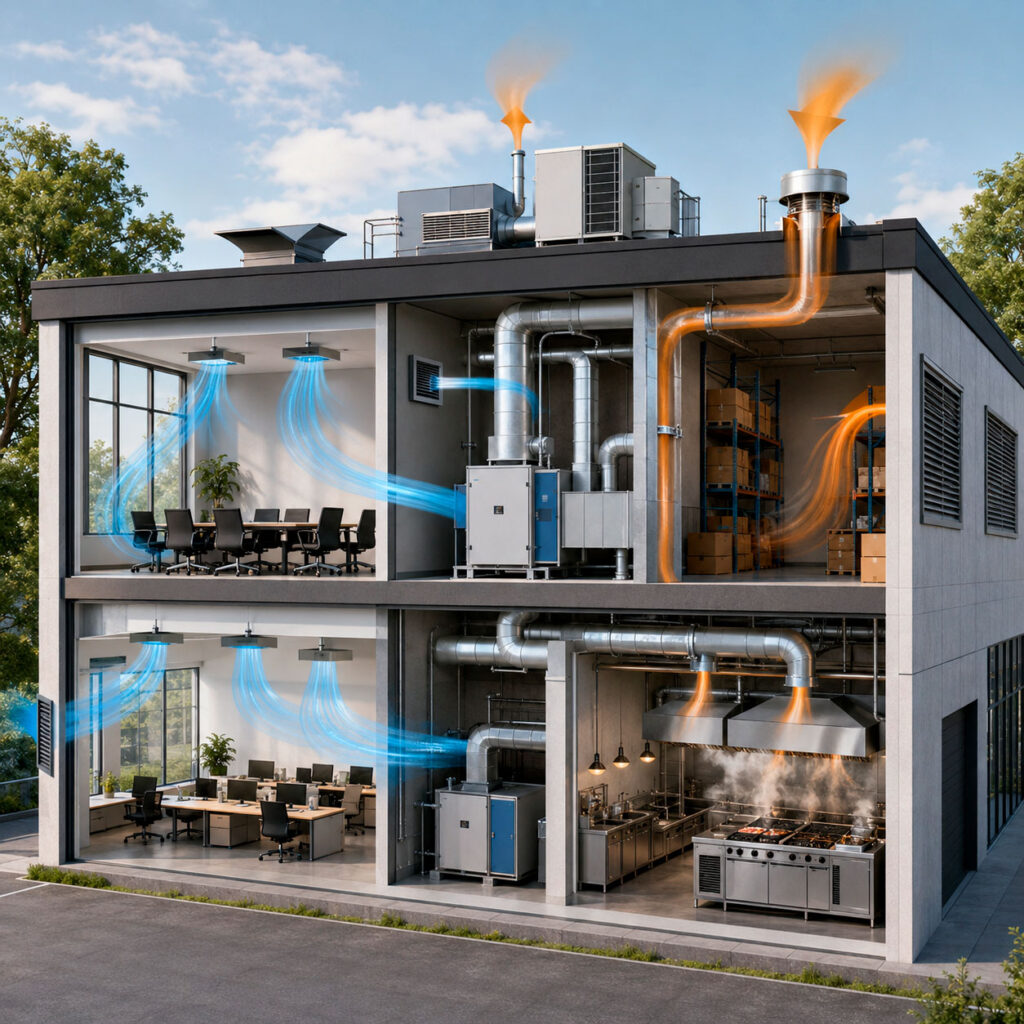 Sistema de ventilación y extracción con ductos, inyección de aire y extracción de calor y vapores en oficinas, almacén y cocina industrial.