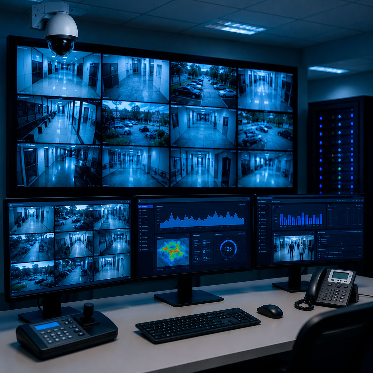 Centro de monitoreo con videowall, cámaras CCTV, analítica de video y paneles de supervisión para controlar accesos, pasillos y estacionamientos.