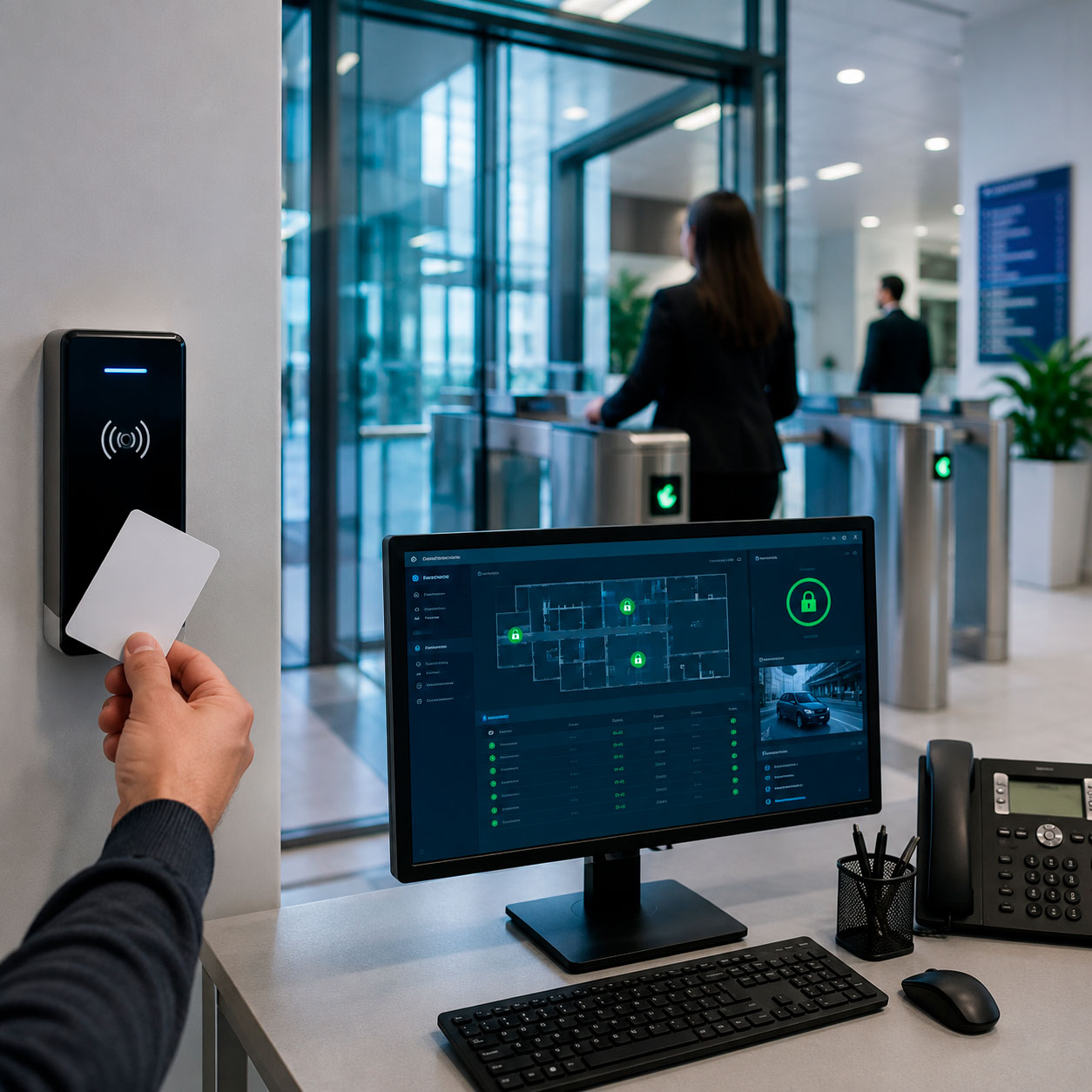 Sistema de control de acceso con lector de tarjetas, torniquetes y plataforma de monitoreo centralizado en un edificio corporativo.