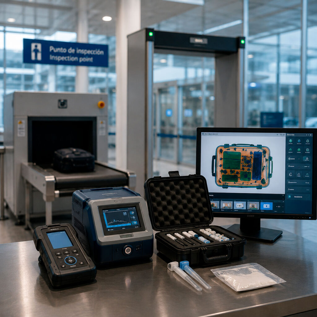 Equipos portátiles, consumibles de muestreo y sistema de inspección para la detección de explosivos y sustancias en un punto de control aeroportuario.