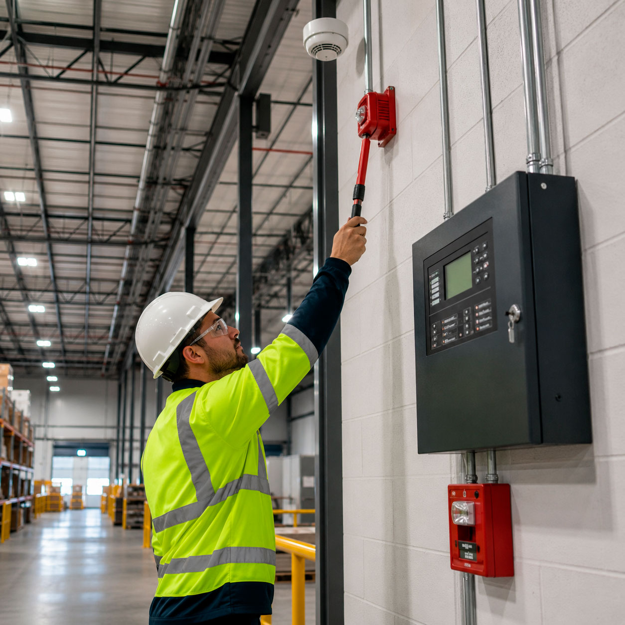 Técnico realizando pruebas en un sistema de detección de incendios con panel de control, detector de humo, estación manual y dispositivo de alarma audiovisual en una nave industrial.