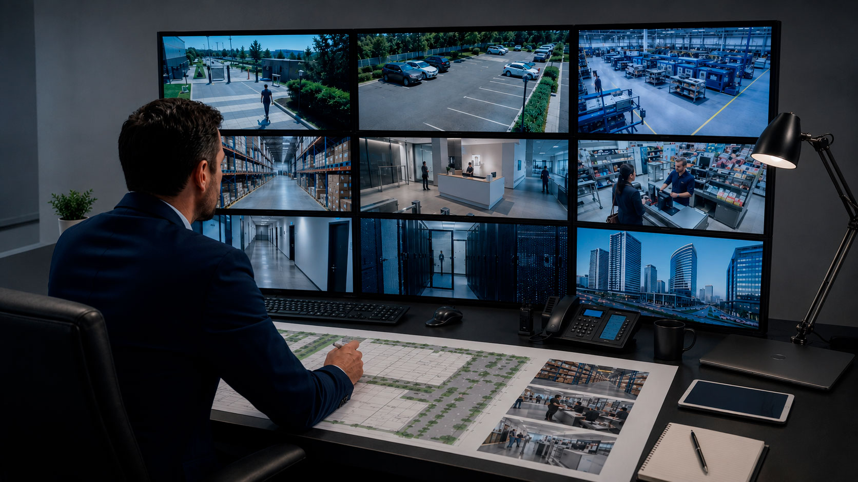 Especialista supervisando mediante videovigilancia diferentes áreas de una empresa, como accesos, estacionamientos, almacenes, oficinas, procesos industriales y puntos de venta.