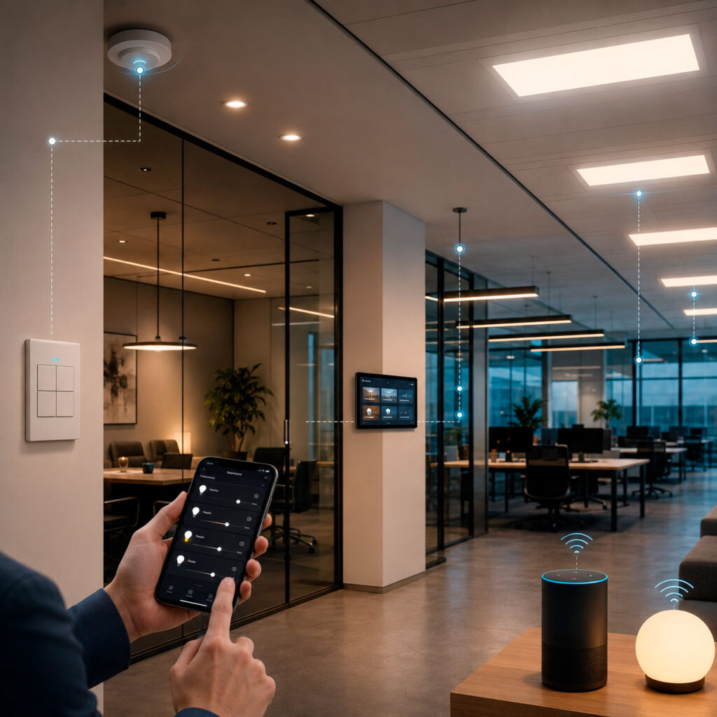 Sistema de iluminación inteligente en oficinas controlado mediante aplicación móvil, interruptores, sensores y asistentes de voz.