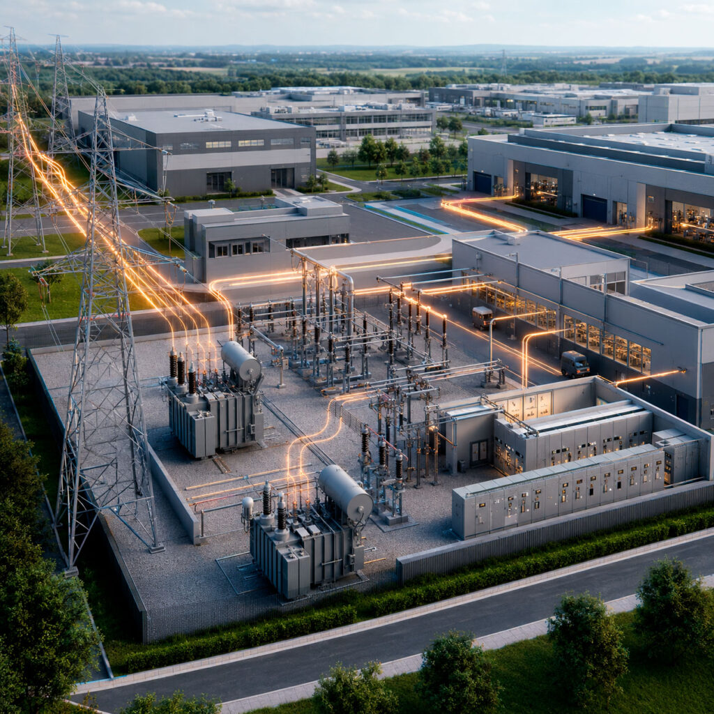 Infraestructura eléctrica de media y alta tensión con subestación, transformadores, líneas eléctricas y equipos de distribución en un complejo industrial.