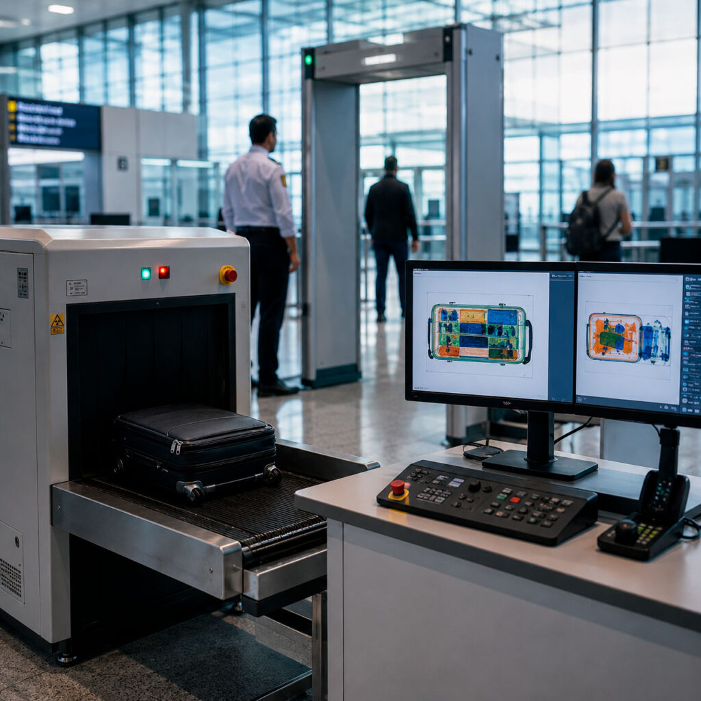 Equipo de rayos X para inspección de equipaje y arco detector de metales instalados en un punto de control aeroportuario.