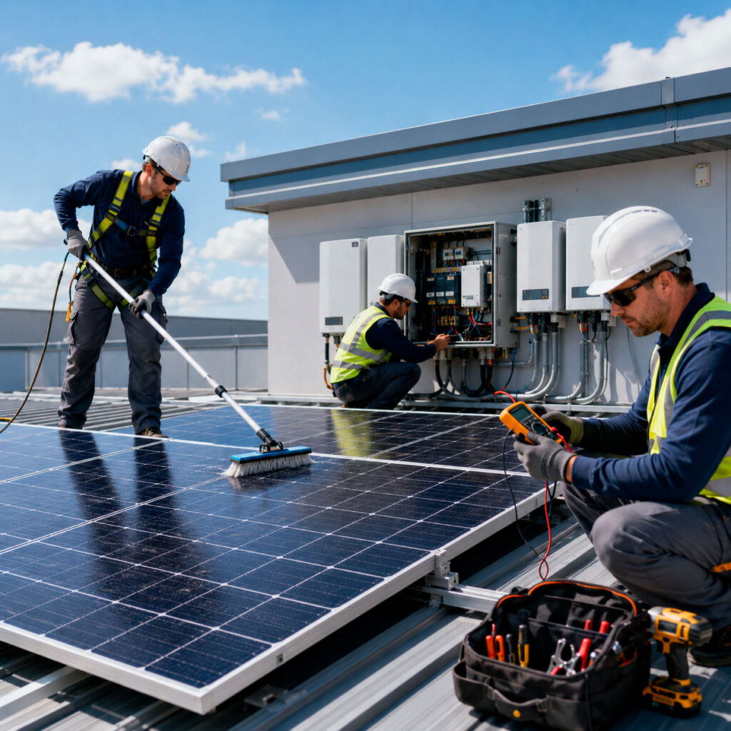 Técnicos realizando limpieza, pruebas eléctricas y mantenimiento de paneles solares e inversores en una instalación fotovoltaica empresarial.