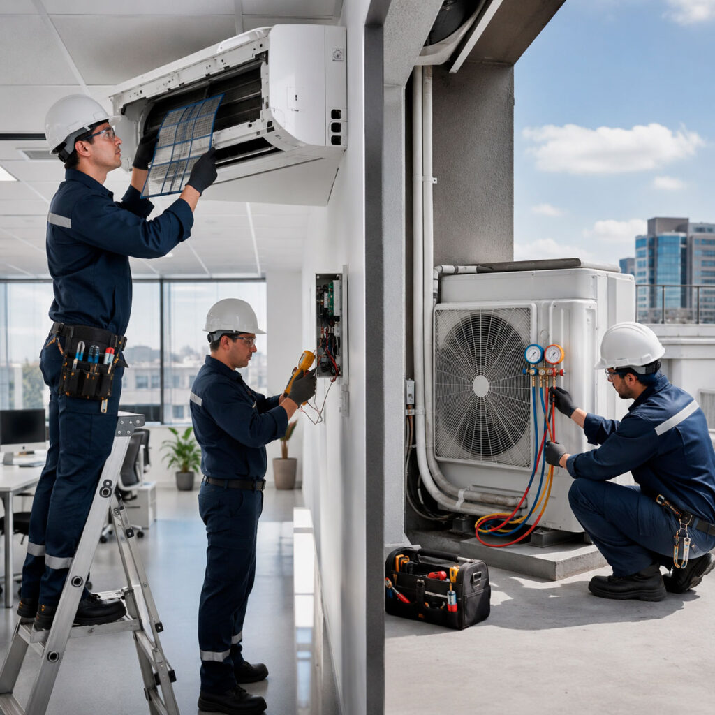 Técnicos realizando mantenimiento preventivo de aire acondicionado mediante limpieza de filtros, revisión eléctrica y medición de presiones en unidades interiores y exteriores.