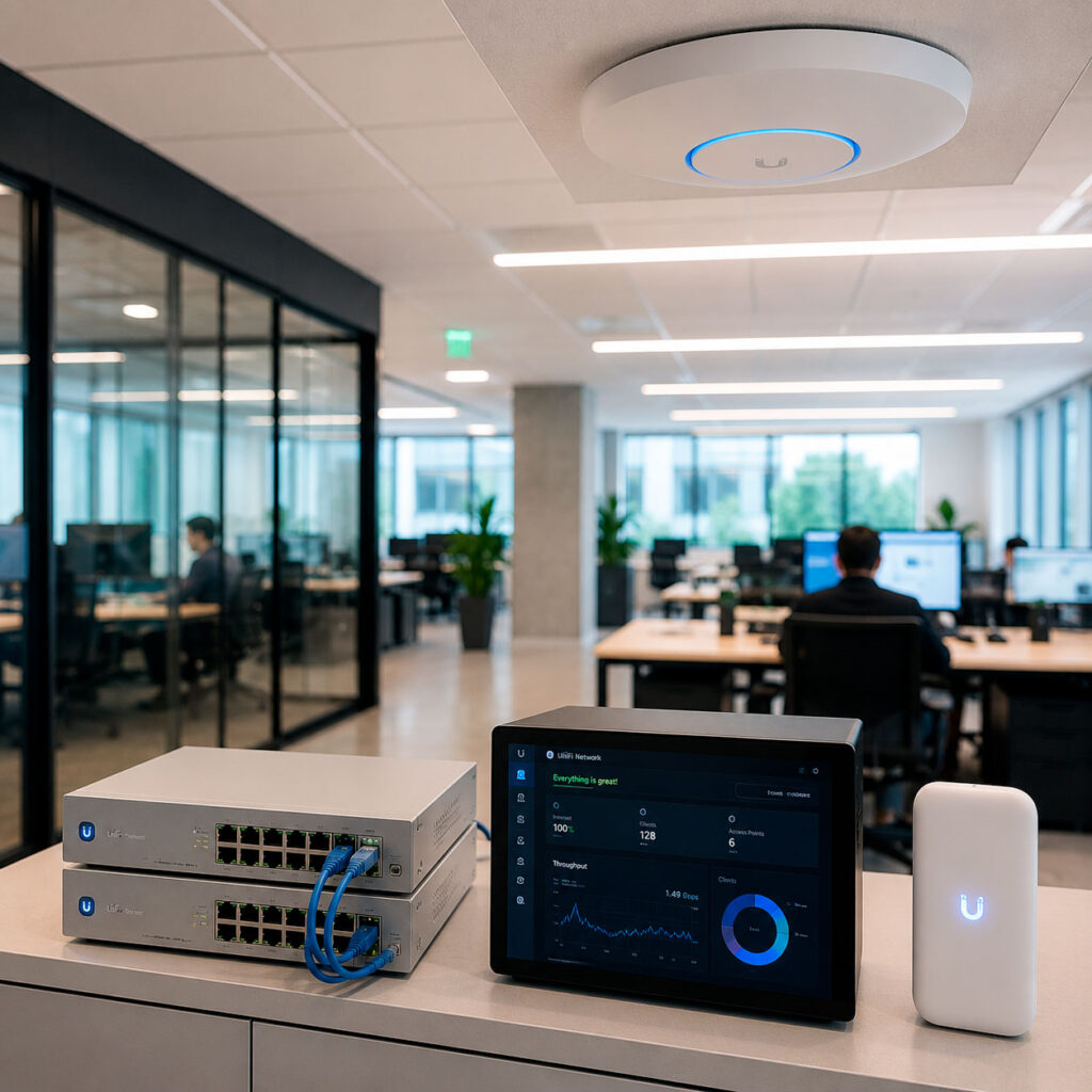 Red Wi-Fi empresarial con punto de acceso, switches administrables, gateway y plataforma centralizada de monitoreo en una oficina.