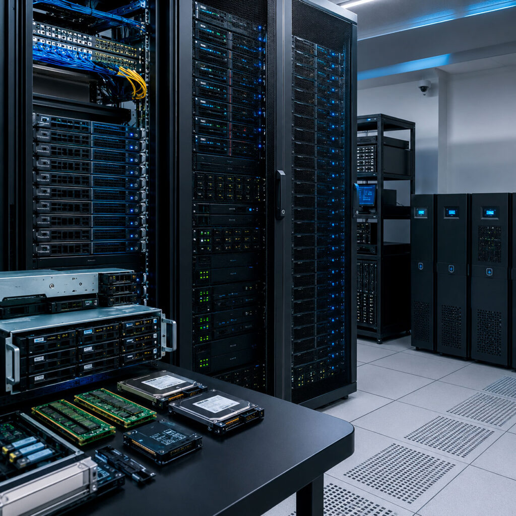 Servidores empresariales, sistemas de almacenamiento, unidades SSD, discos duros y equipos de respaldo instalados en un centro de datos.