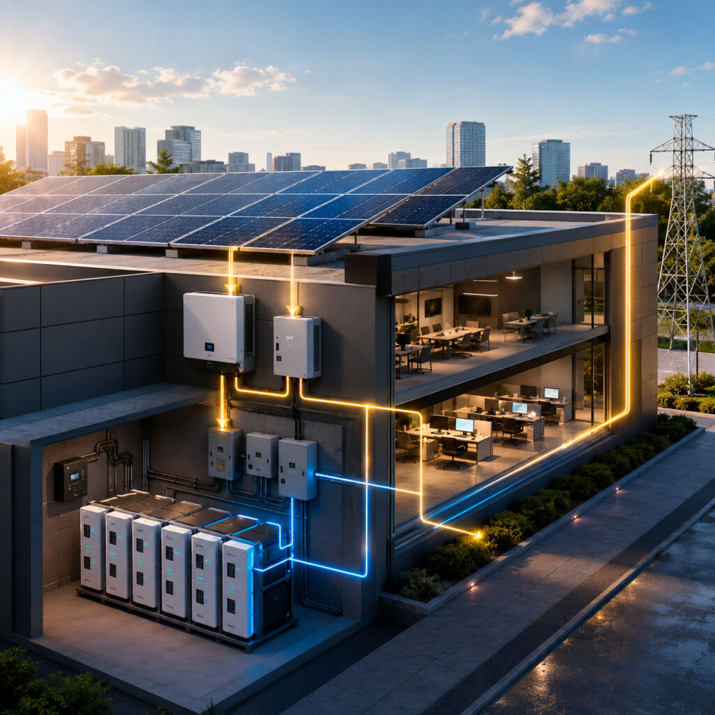 Sistema solar con almacenamiento mediante paneles fotovoltaicos, inversores y baterías instalados en un edificio empresarial.