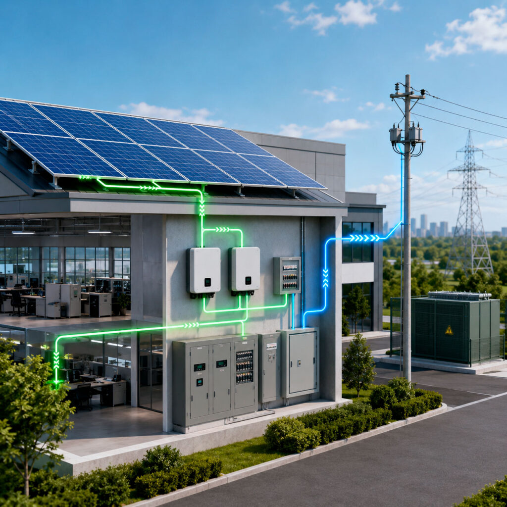 Sistema solar interconectado con paneles fotovoltaicos, inversores y conexión a la red eléctrica en un edificio empresarial.