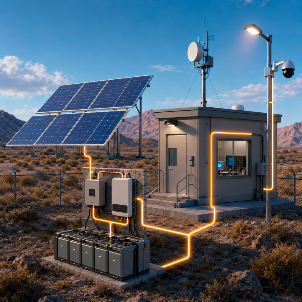 Sistema solar autónomo con paneles fotovoltaicos, baterías, antena de comunicación, cámara de vigilancia e iluminación en una ubicación remota.