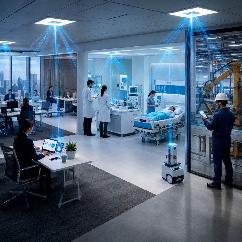 Tecnología LiFi transmitiendo datos mediante luminarias en oficinas, hospitales, laboratorios y áreas industriales.