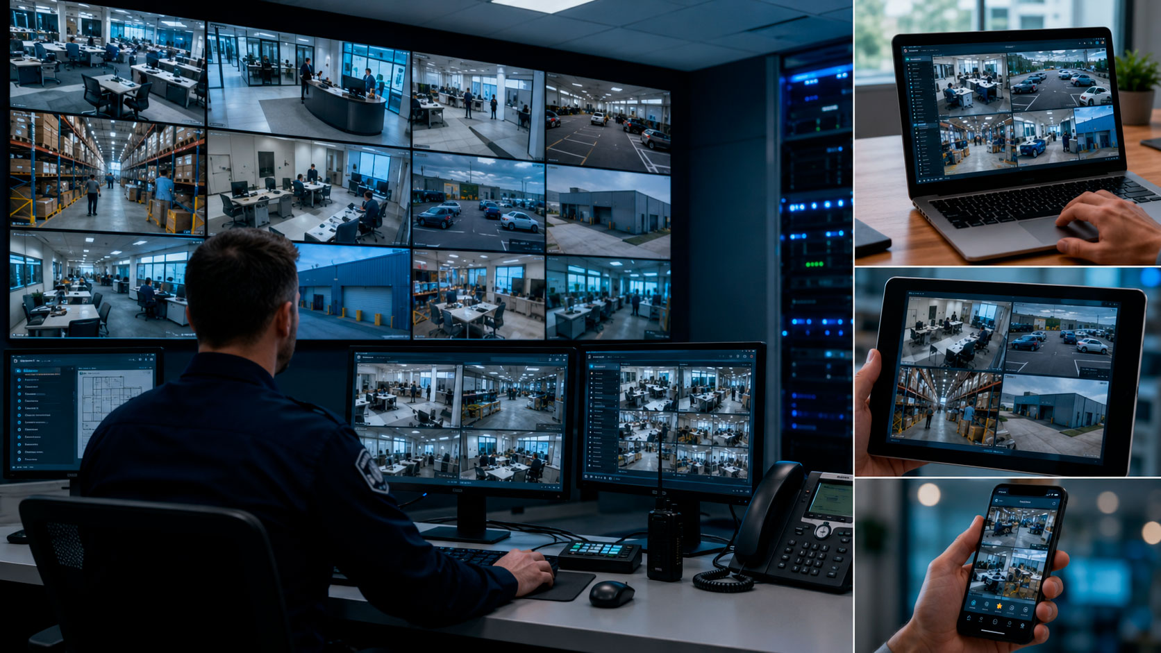 Sistema de videovigilancia supervisado desde un centro de monitoreo y consultado de forma remota mediante computadora, tableta y teléfono móvil.