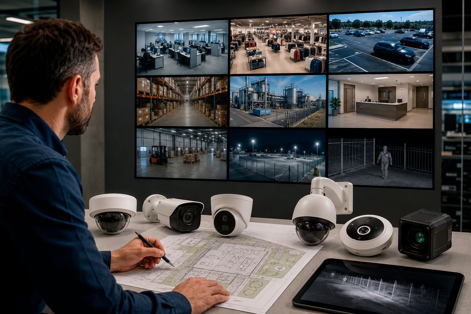 Especialista seleccionando diferentes tipos de cámaras de videovigilancia según las áreas, condiciones de iluminación y necesidades de supervisión de una empresa.
