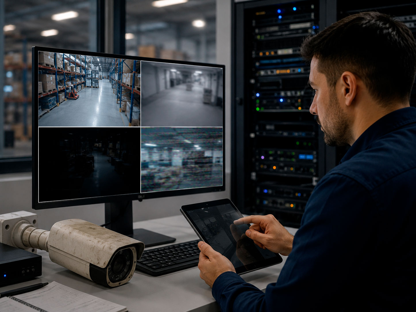 Técnico revisando un sistema de CCTV con fallas visibles en la imagen, como desenfoque, poca iluminación e interferencias en distintas cámaras.
