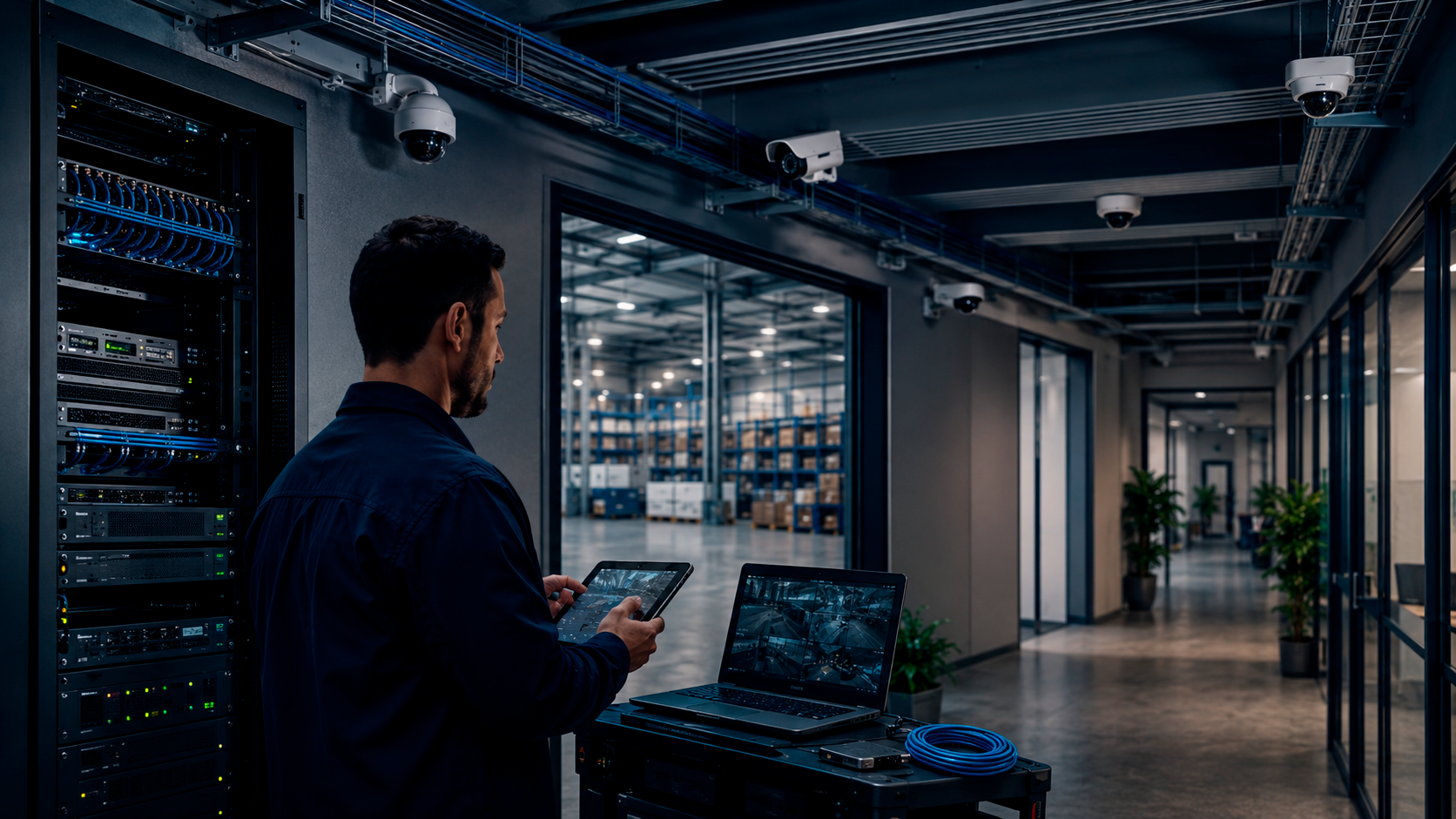 Especialista revisando la infraestructura completa de un sistema de videovigilancia empresarial con cámaras, servidores, red, cableado y plataforma de monitoreo.