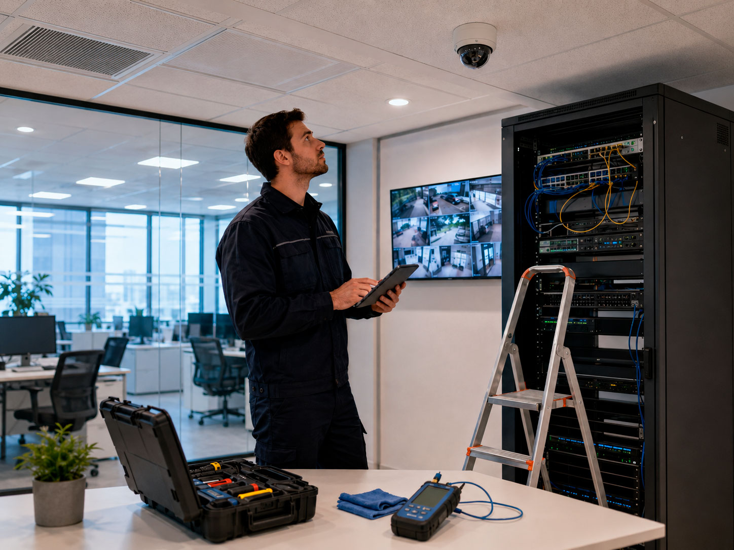 Técnico realizando mantenimiento preventivo a un sistema de CCTV empresarial, revisando cámaras, rack de comunicaciones, cableado y equipos de videovigilancia.