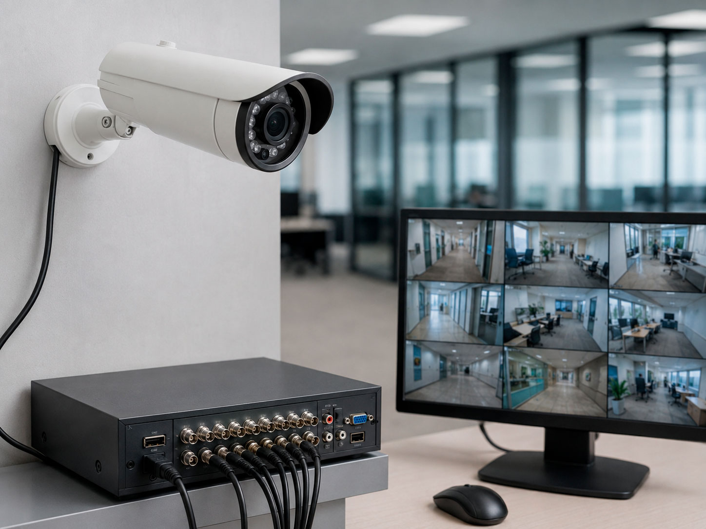 Cámara de seguridad analógica tipo bala conectada mediante cableado coaxial a un DVR para grabación y monitoreo de videovigilancia en una oficina.