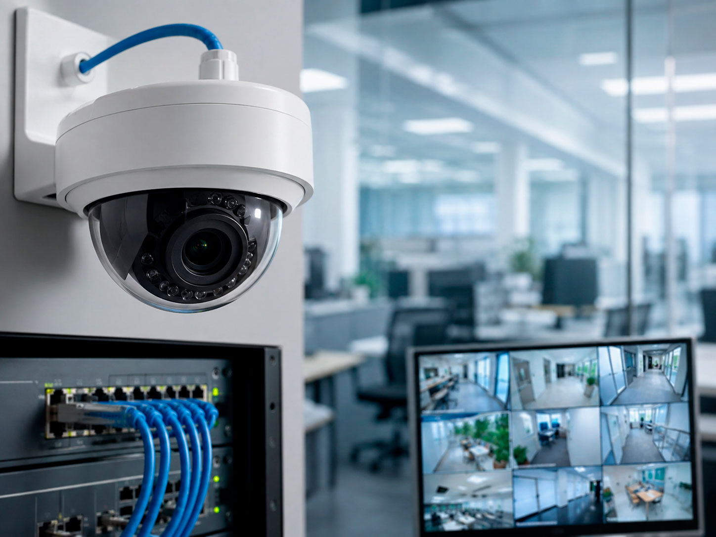 Cámara IP tipo domo conectada a una red mediante cableado Ethernet y switch, con monitoreo de videovigilancia en una oficina empresaria