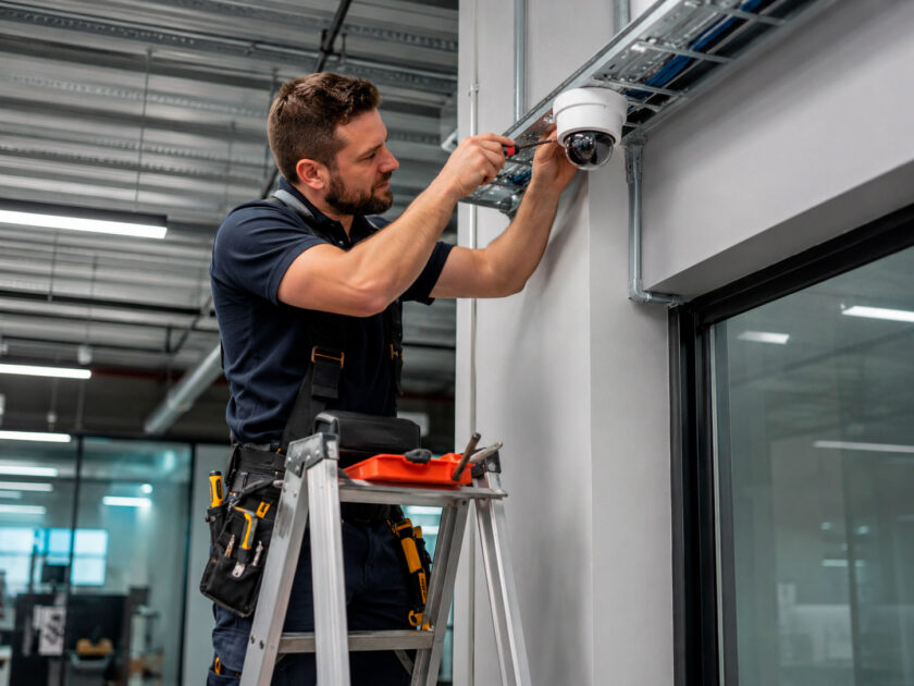 Técnico instalando cámaras de seguridad para una empresa