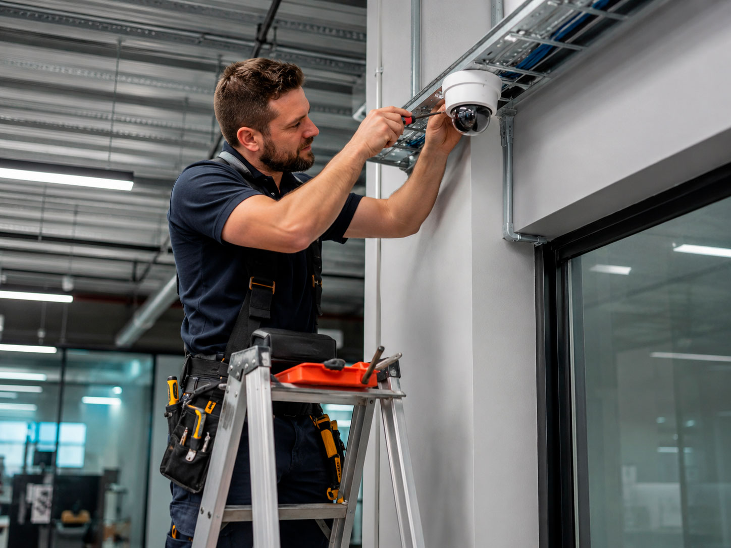 Técnico instalando cámaras de seguridad para una empresa