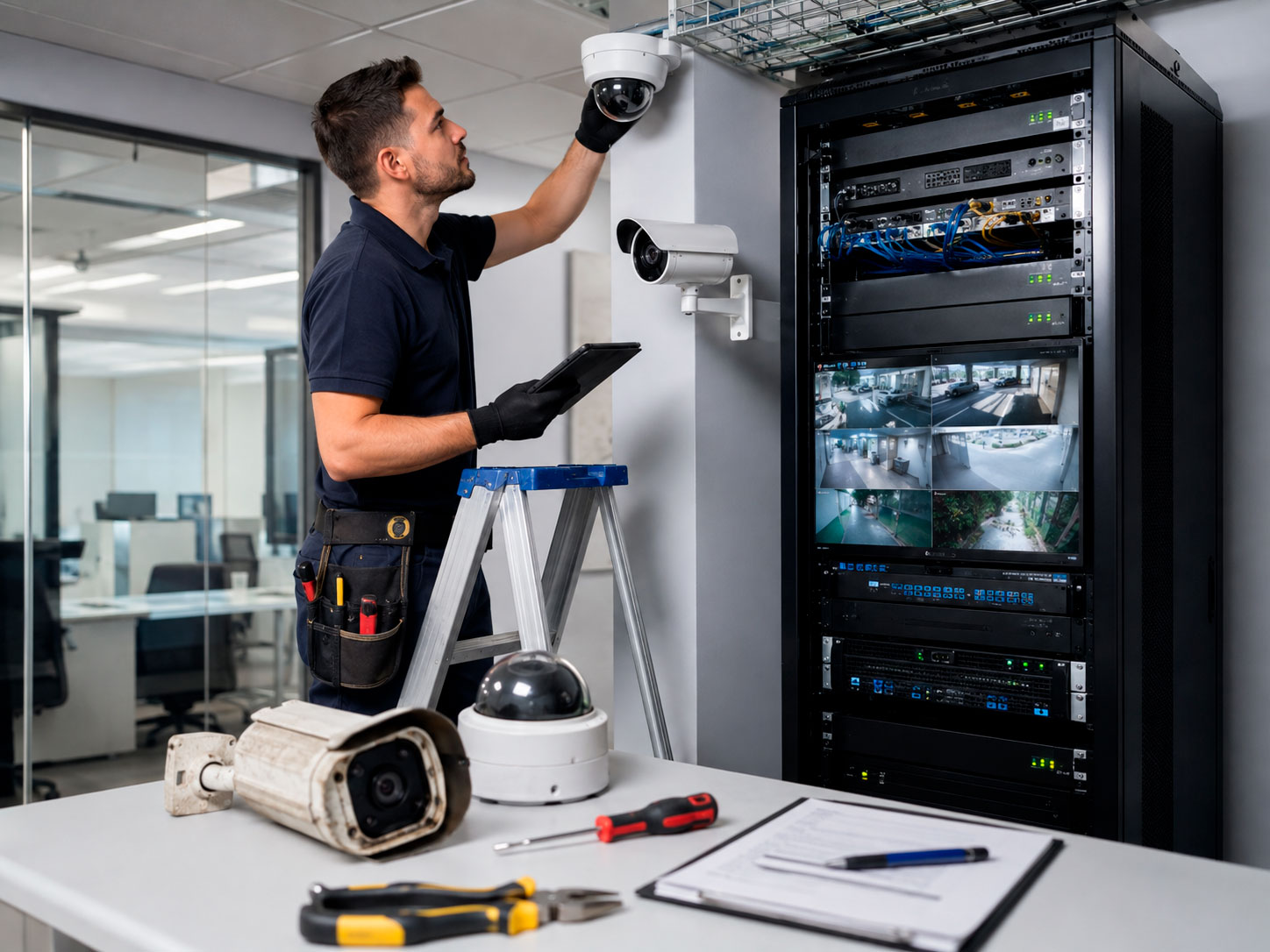 Técnico evaluando cámaras de videovigilancia, equipos de red y sistema de grabación para determinar si requieren mantenimiento o modernización.