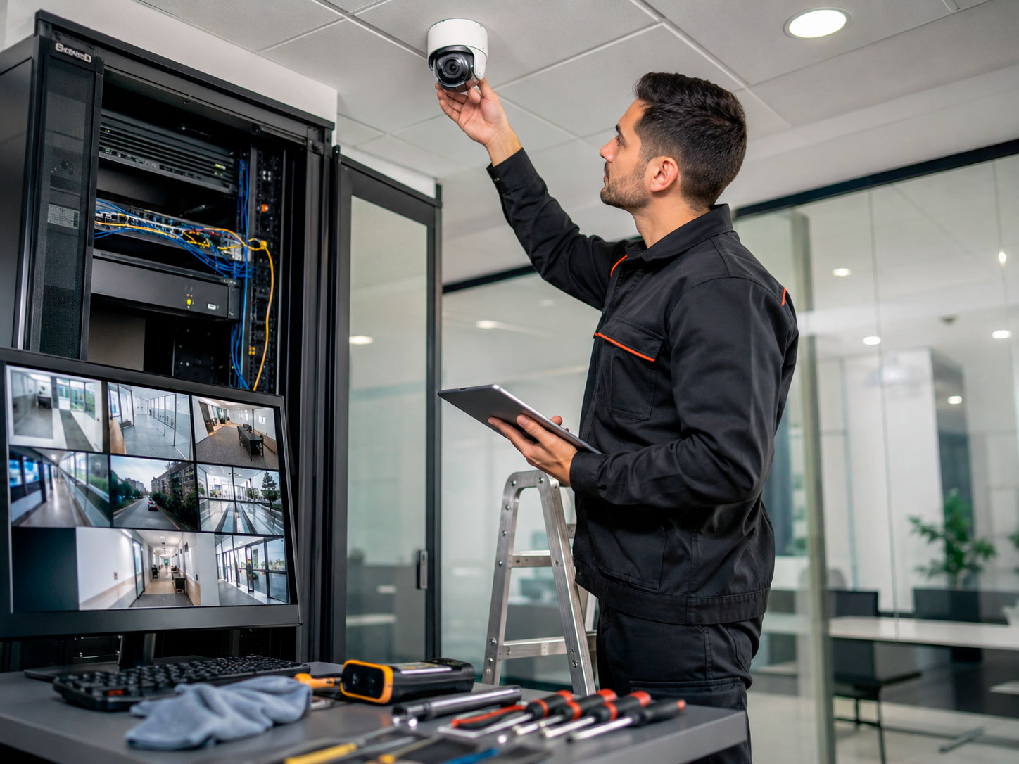 Técnico realizando mantenimiento preventivo a una cámara de videovigilancia y verificando el sistema CCTV desde una tableta y un monitor.