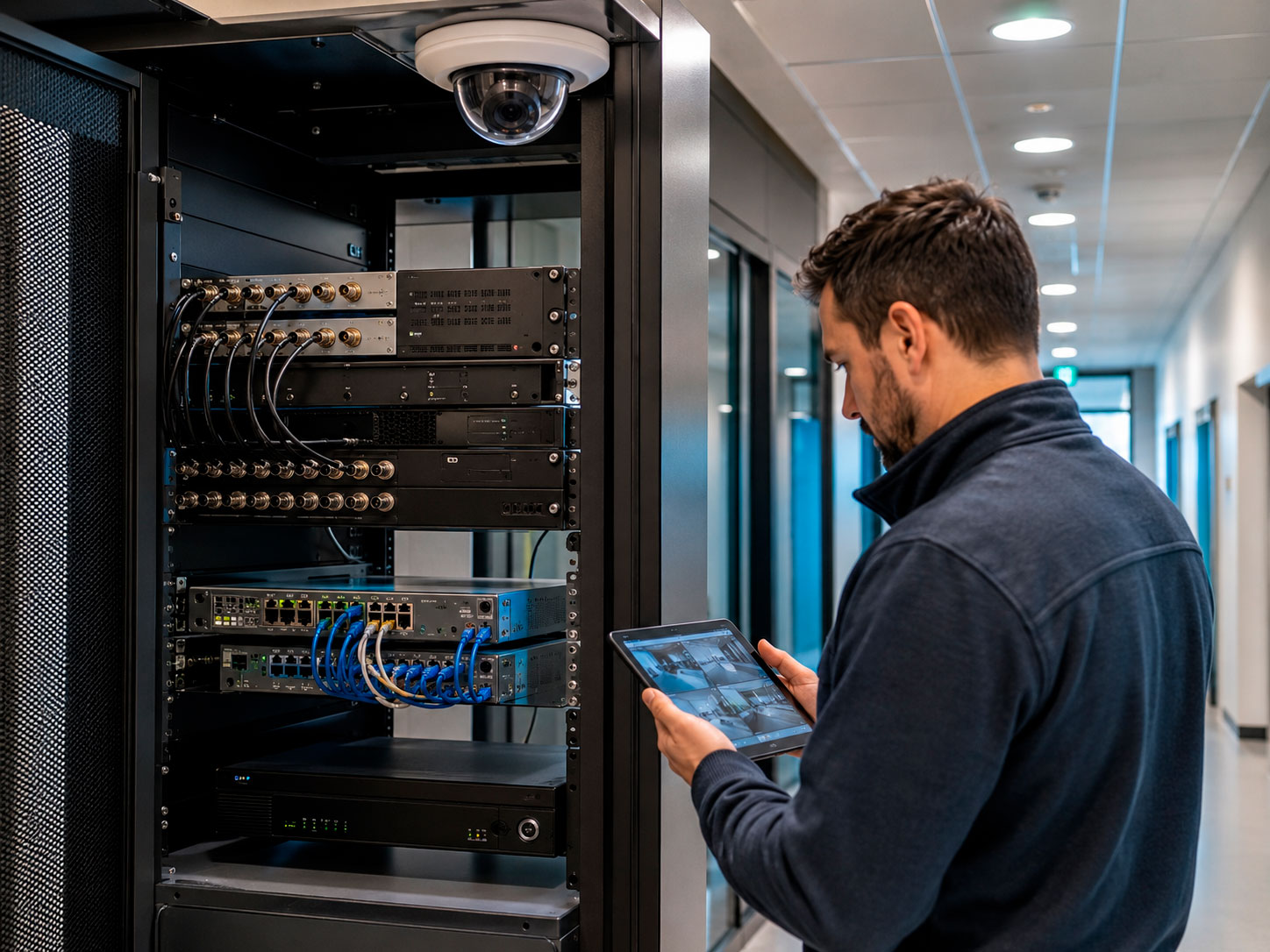 Técnico revisando un sistema de videovigilancia empresarial con DVR, equipos de red, cableado coaxial y Ethernet, cámara domo y monitoreo desde una tableta.