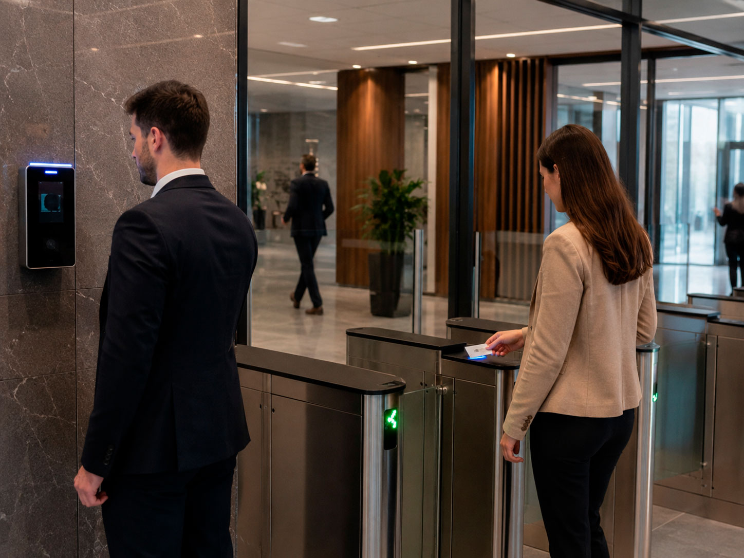 Empleados utilizando reconocimiento facial y tarjeta de proximidad en un sistema de control de acceso empresarial con torniquetes.
